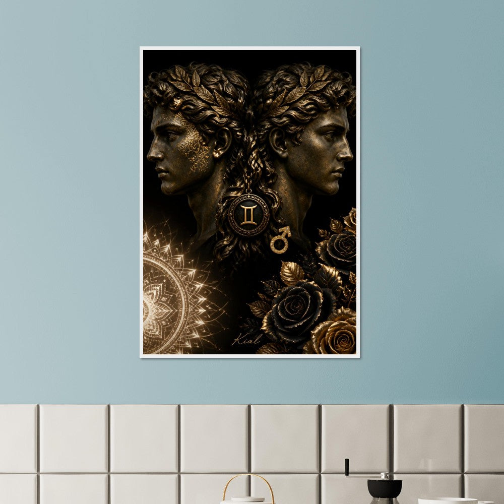 Gemini Zodiac Twins Poster, Gold Wall Art, Astrology Canvas, Twins Portrait, Zodiac Gift for Him, Danish Art Studio