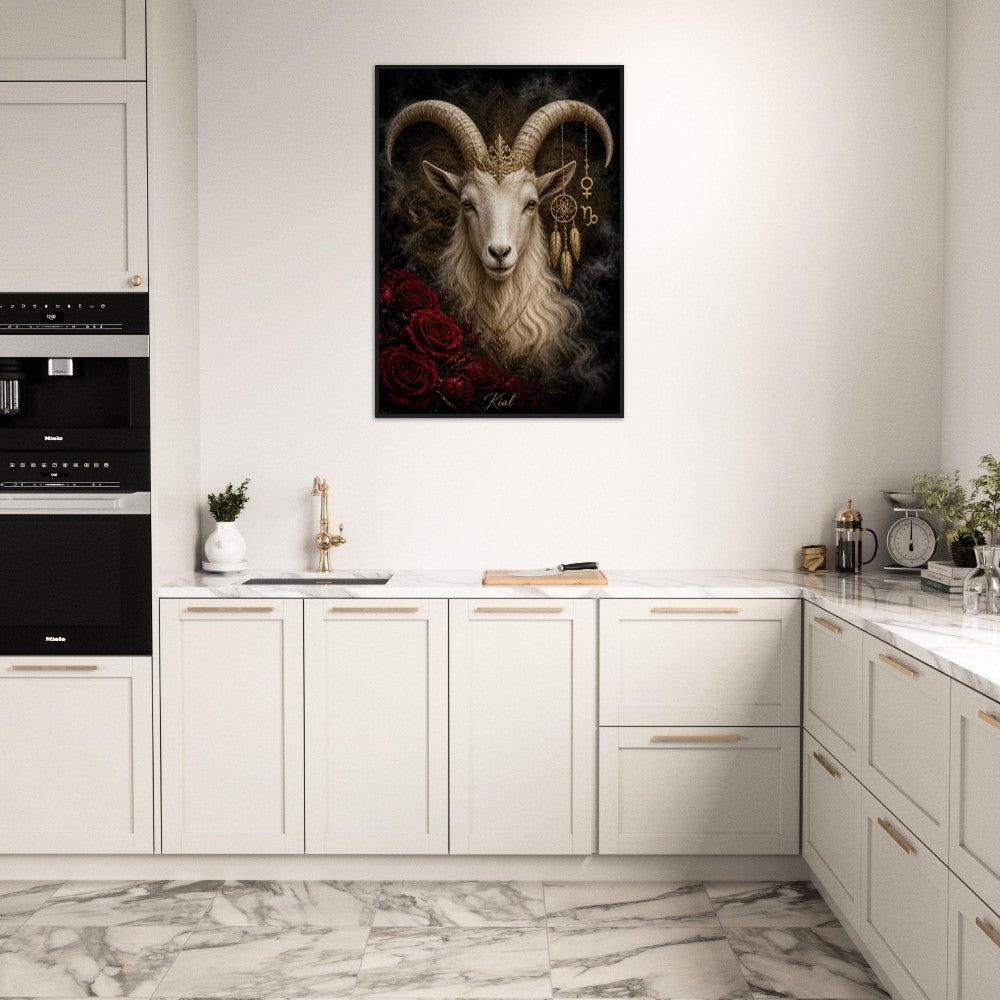 Capricorn Zodiac Goat Poster, Gold Wall Art, Astrology Canvas, Goat Portrait, Zodiac Gift for Her, Danish Art Studio
