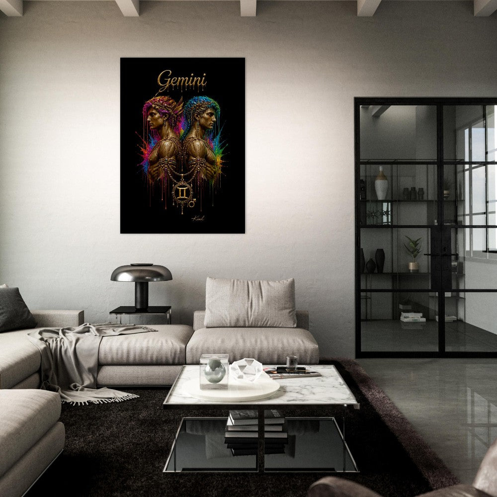 Gemini Neon Zodiac Twins Plakat, Farverig Vægkunst, Kunstnerisk Astrologi Lærred, Stjernetegnsgave til Ham, Danish Art Studio