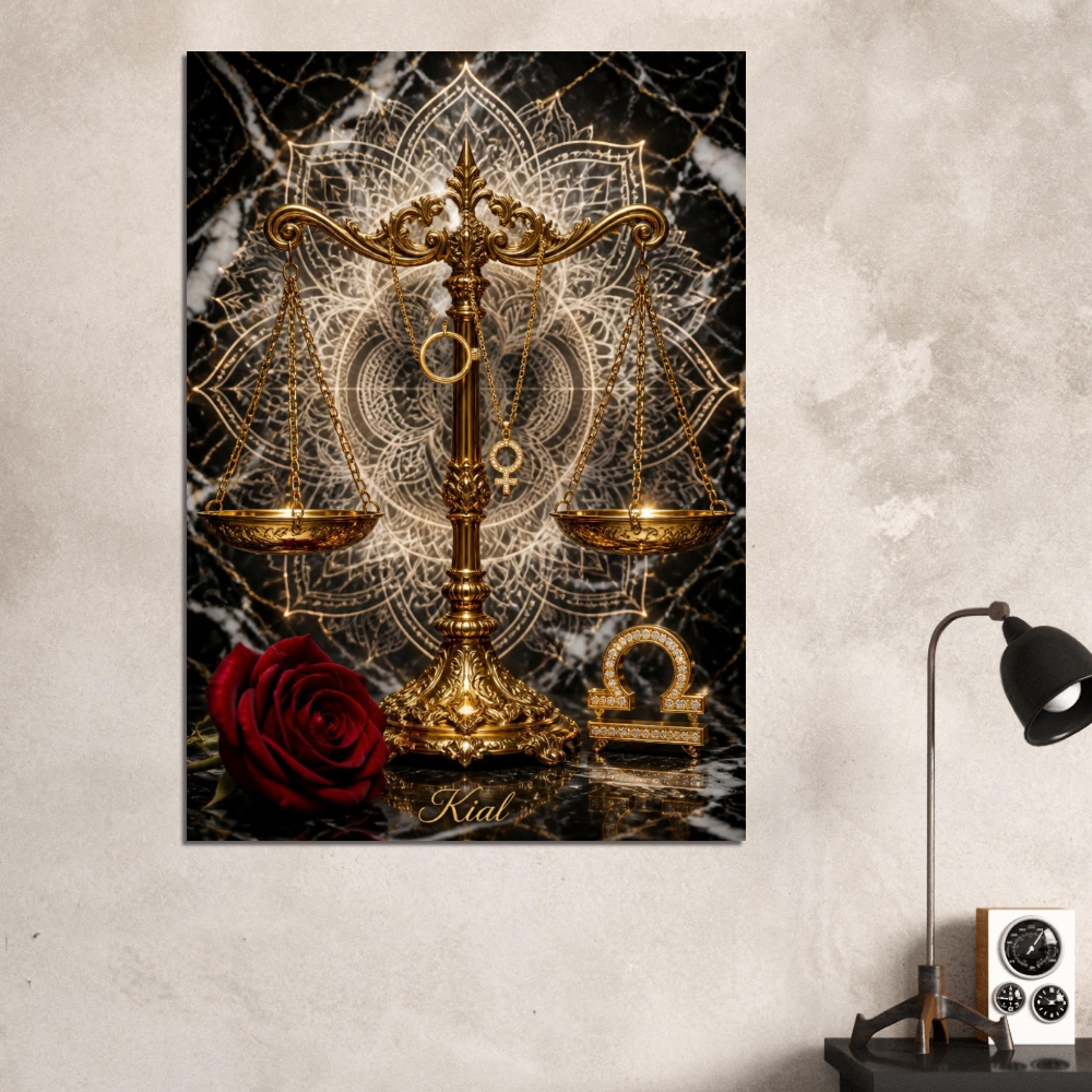 Libra Zodiac Scales Poster, Gold Wall Art, Astrology Canvas, Scales Portrait, Zodiac Gift for Her, Danish Art Studio