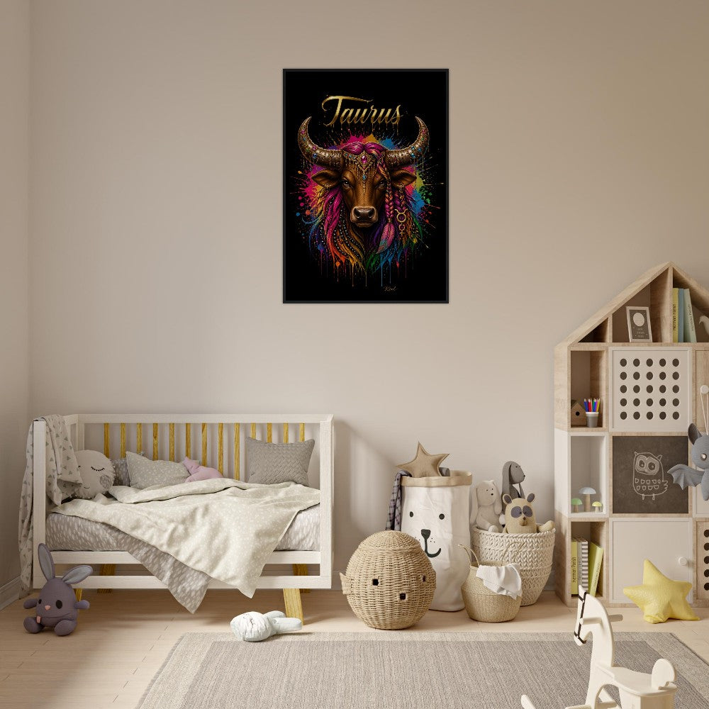 Taurus Neon Zodiac Bull Poster, Colorful Wall Art, Artistic Astrology Canvas, Zodiac Gift for Her, Danish Art Studio