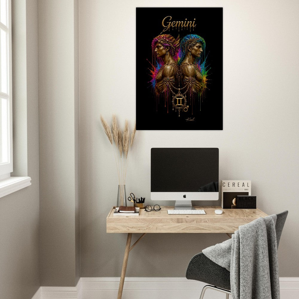 Gemini Neon Zodiac Twins Plakat, Farverig Vægkunst, Kunstnerisk Astrologi Lærred, Stjernetegnsgave til Ham, Danish Art Studio