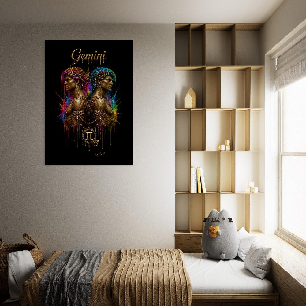 Gemini Neon Zodiac Twins Plakat, Farverig Vægkunst, Kunstnerisk Astrologi Lærred, Stjernetegnsgave til Ham, Danish Art Studio