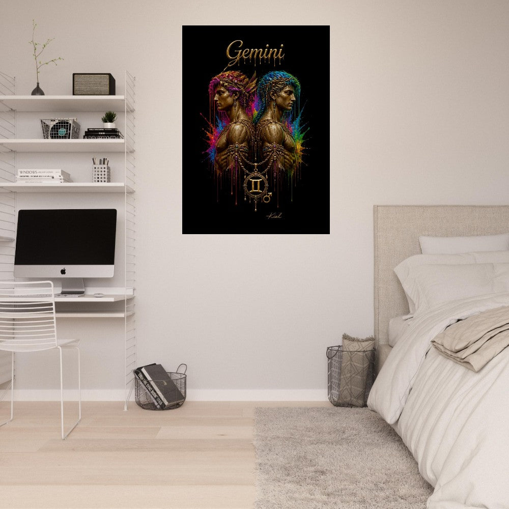 Gemini Neon Zodiac Twins Plakat, Farverig Vægkunst, Kunstnerisk Astrologi Lærred, Stjernetegnsgave til Ham, Danish Art Studio