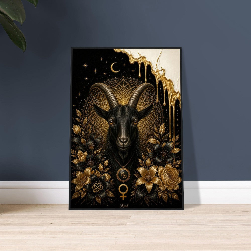 Capricorn Zodiac Goat Poster, Gold Wall Art, Astrology Canvas, Goat Portrait, Zodiac Gift for Her, Danish Art Studio
