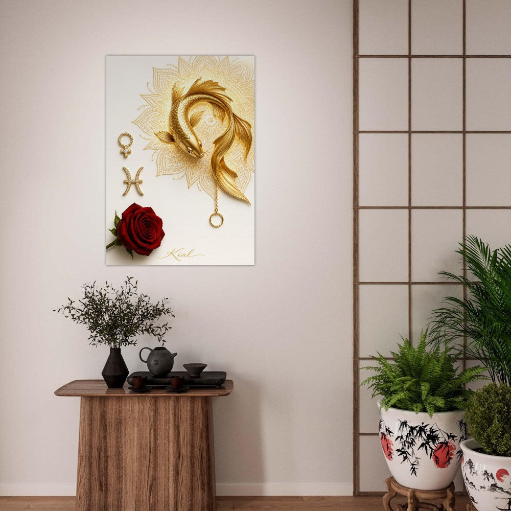 Pisces Zodiac Koi Poster, Gold Wall Art, Astrology Canvas, Koi Portrait, Zodiac Gift for Her, Danish Art Studio