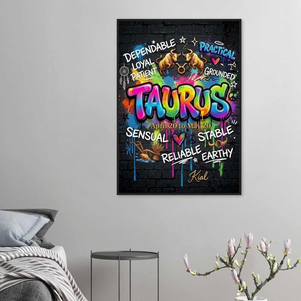 Taurus Neon Graffiti Zodiac Poster, Dark Background, Colorful Street Art, Zodiac Gift for Her, Danish Art Studio