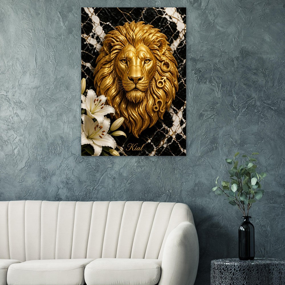 Leo Zodiac Lion Poster, Gold Wall Art, Astrology Canvas, Lion Portrait, Zodiac Gift for Him, Danish Art Studio