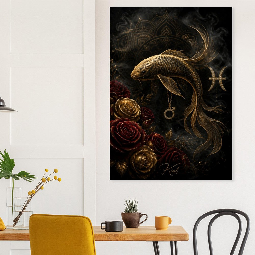Pisces Zodiac Koi Poster, Gold Wall Art, Astrology Canvas, Koi Portrait, Zodiac Gift for Him, Danish Art Studio