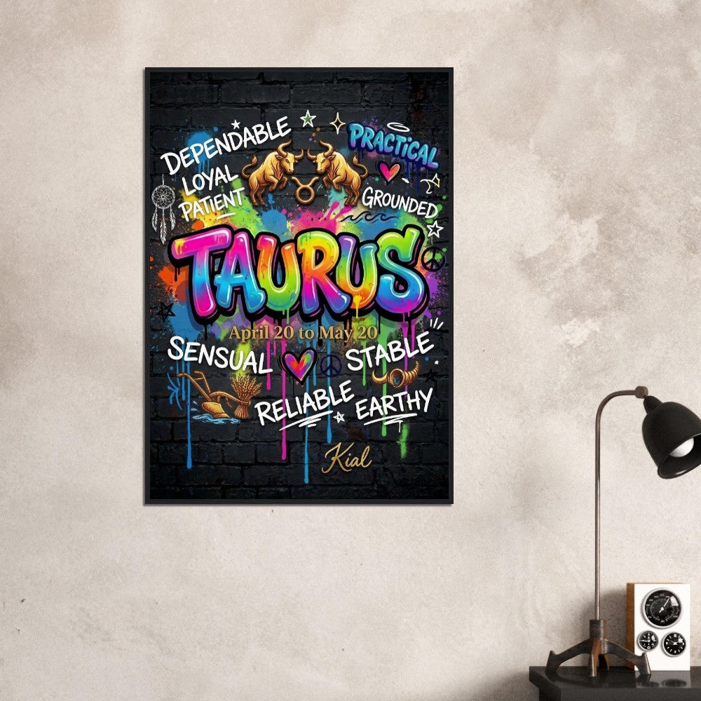 Taurus Neon Graffiti Zodiac Poster, Dark Background, Colorful Street Art, Zodiac Gift for Her, Danish Art Studio