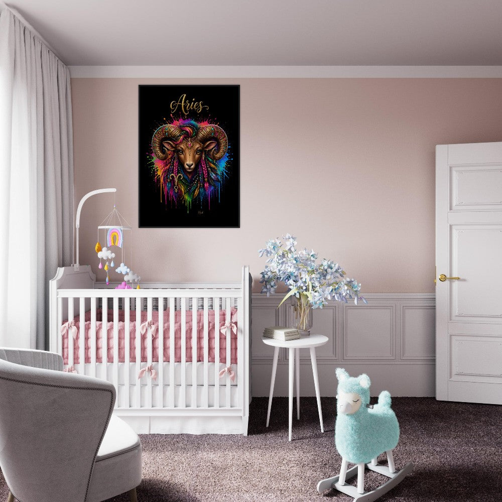 Aries Neon Zodiac Ram Poster, Colorful Wall Art, Artistic Astrology Canvas, Zodiac Gift for Her, Danish Art Studio