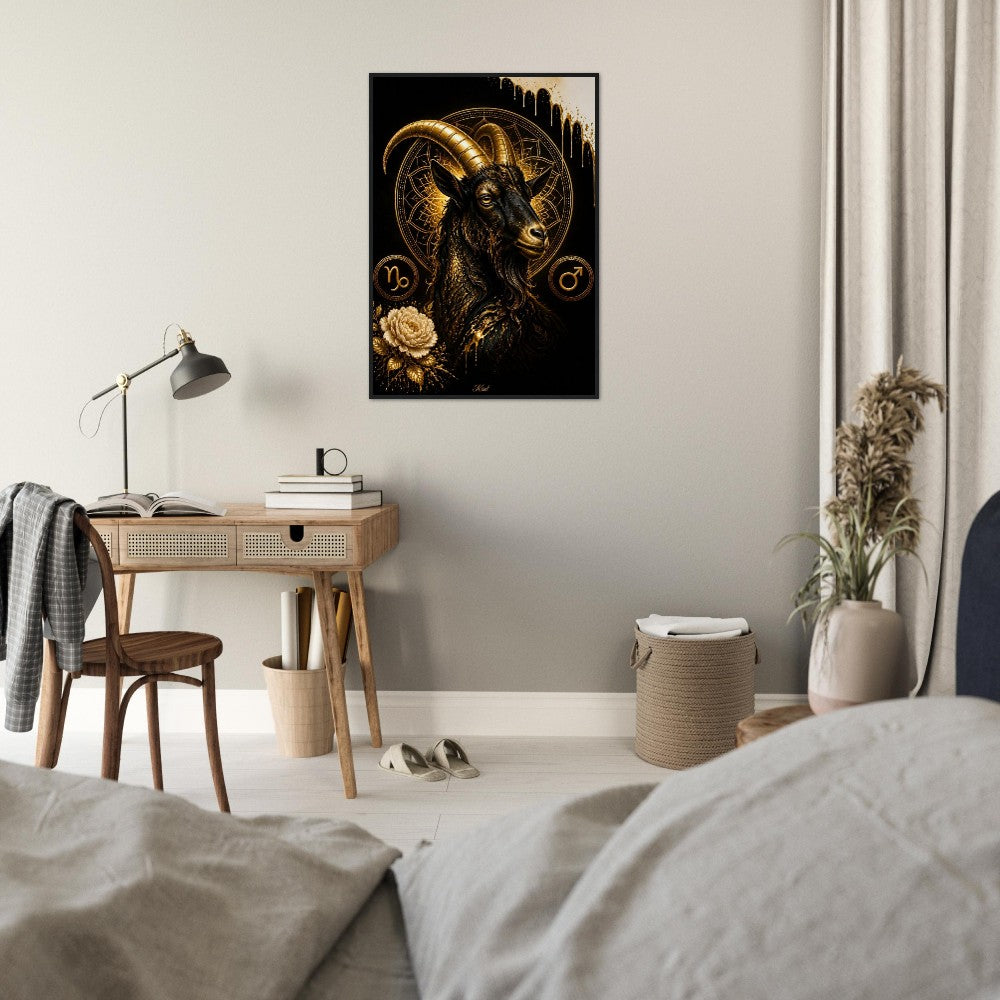 Capricorn Zodiac Goat Poster, Gold Wall Art, Astrology Canvas, Goat Portrait, Zodiac Gift for Him, Danish Art Studio