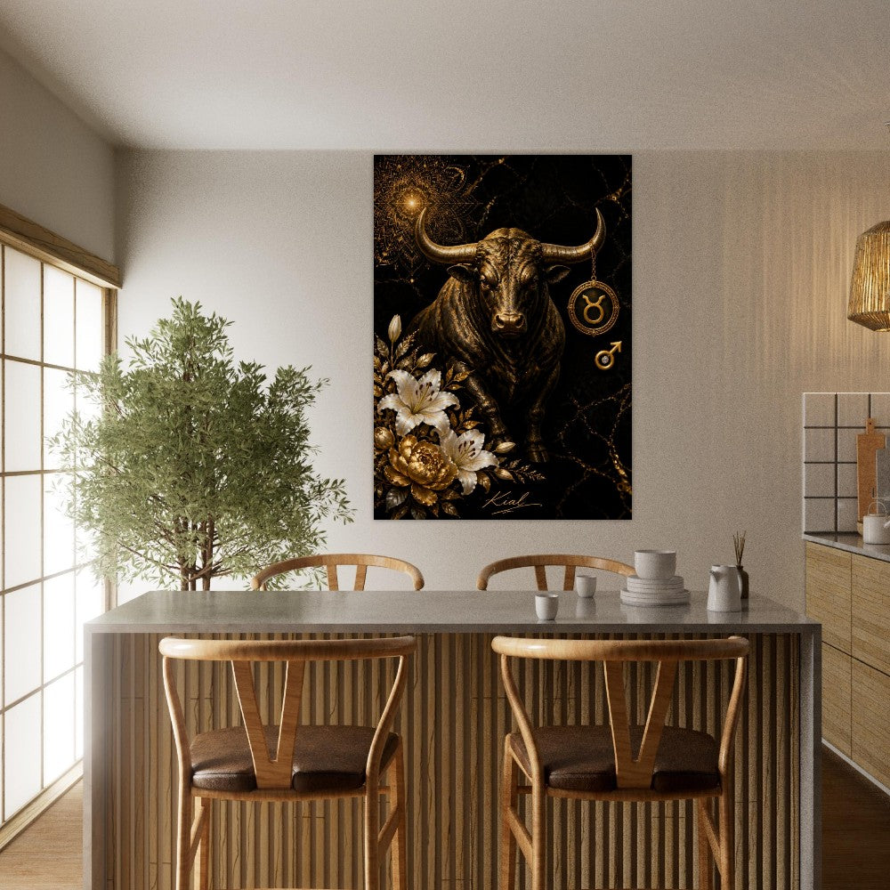 Taurus Zodiac Bull Poster, Gold Wall Art, Astrology Canvas, Bull Portrait, Zodiac Gift for Him, Danish Art Studio