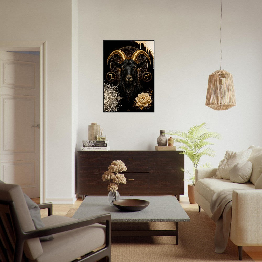 Capricorn Zodiac Goat Poster, Gold Wall Art, Astrology Canvas, Goat Portrait, Zodiac Gift for Him, Danish Art Studio
