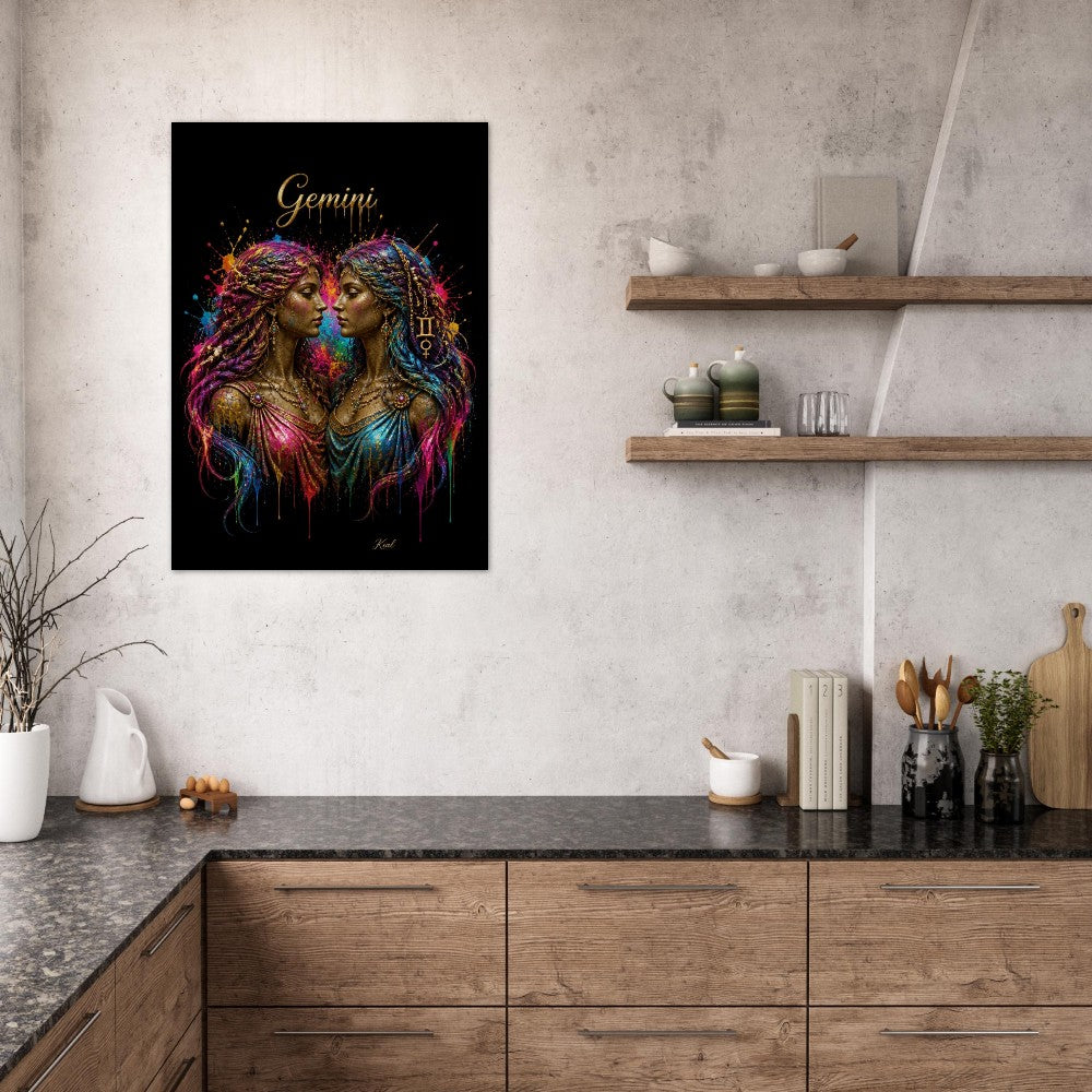 Gemini Neon Zodiac Tvillinger Plakat, Farverig Vægkunst, Kunstnerisk Astrologi Lærred, Horoskop Gave til Hende, Danish Art Studio