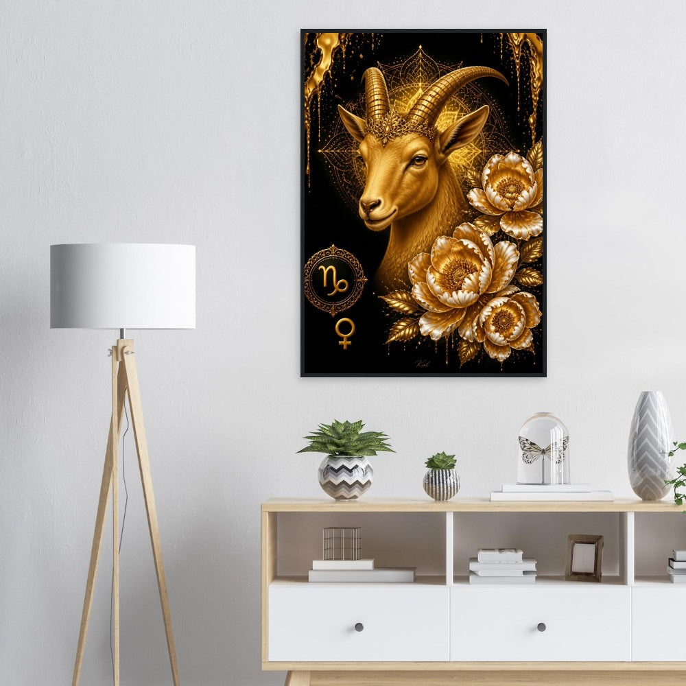 Capricorn Zodiac Goat Poster, Gold Wall Art, Astrology Canvas, Goat Portrait, Zodiac Gift for Her, Danish Art Studio