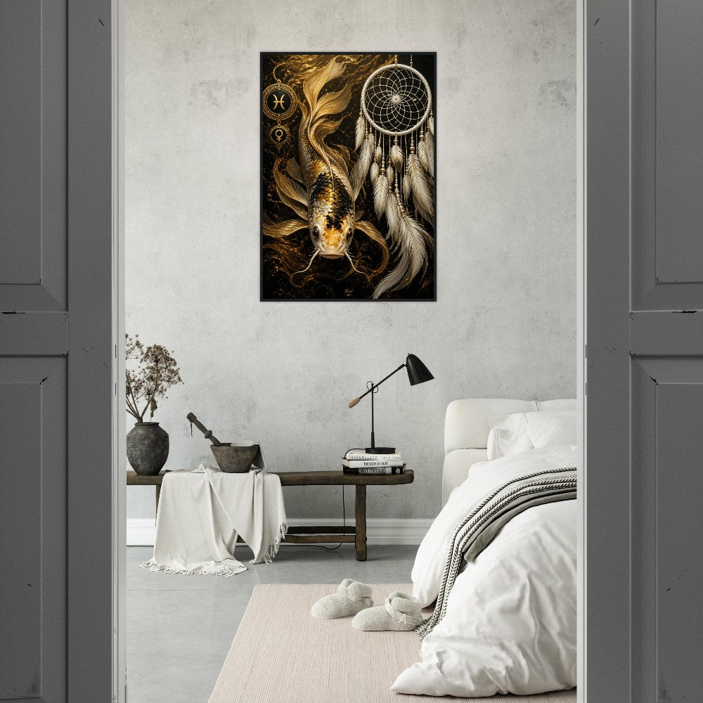Pisces Zodiac Koi Poster, Gold Wall Art, Astrology Canvas, Koi Portrait, Zodiac Gift for Her, Danish Art Studio