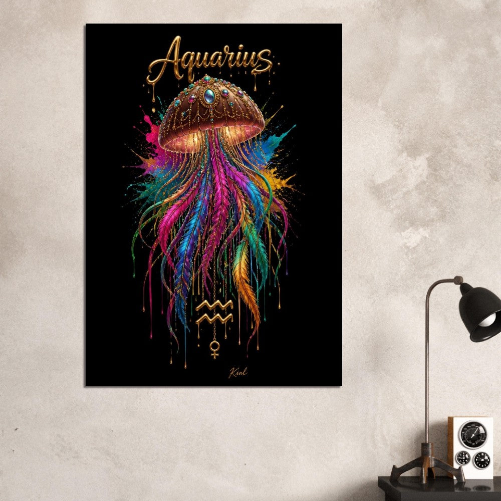Aquarius Neon Zodiac Jellyfish Poster, Colorful Wall Art, Zodiac Gift for Her, Danish Art Studio