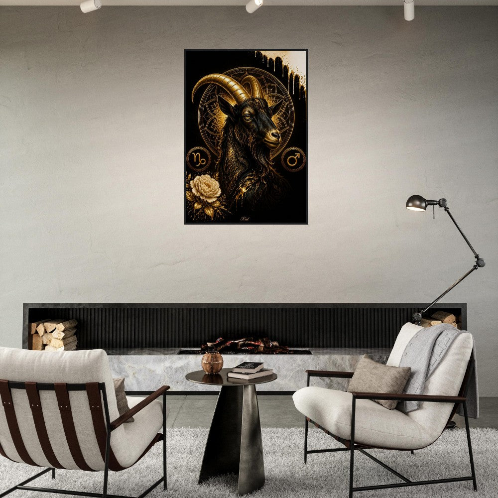 Capricorn Zodiac Goat Poster, Gold Wall Art, Astrology Canvas, Goat Portrait, Zodiac Gift for Him, Danish Art Studio