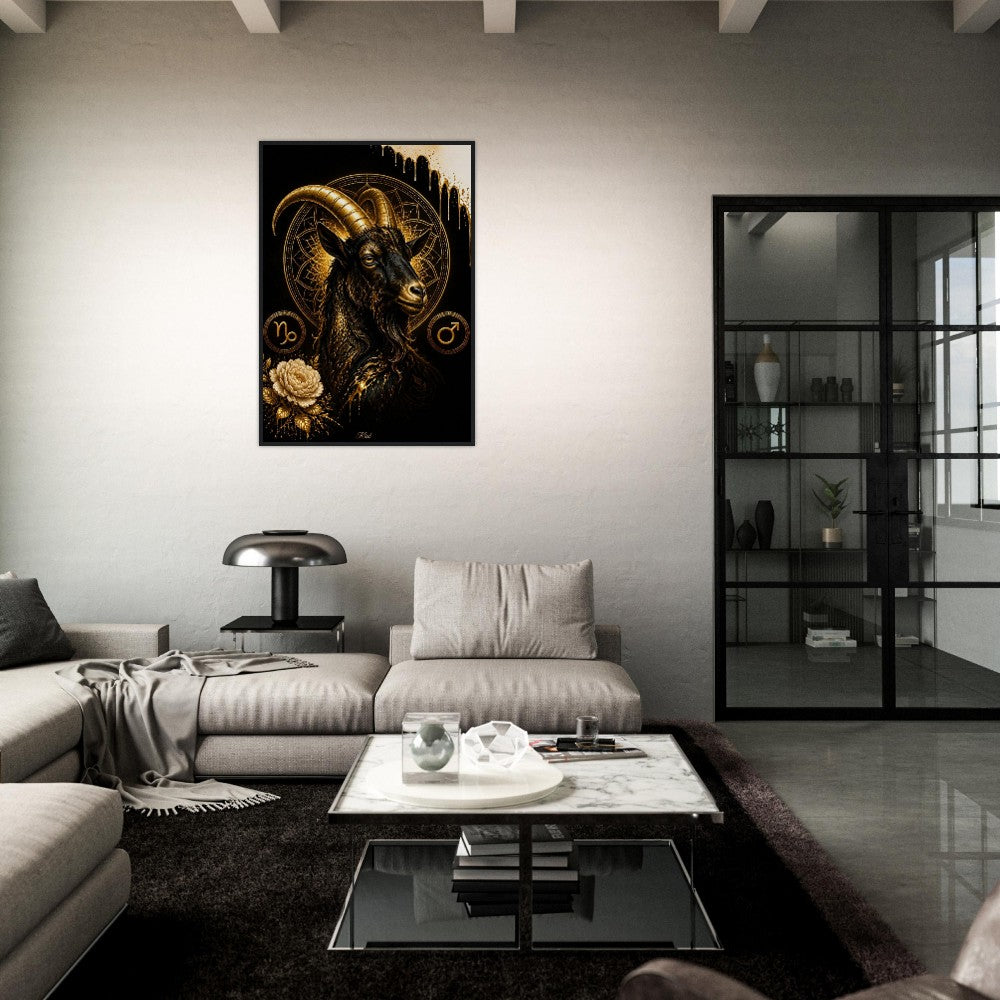Capricorn Zodiac Goat Poster, Gold Wall Art, Astrology Canvas, Goat Portrait, Zodiac Gift for Him, Danish Art Studio