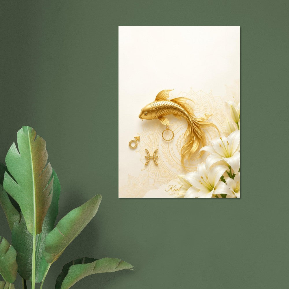 Pisces Zodiac Koi Poster, Gold Wall Art, Astrology Canvas, Koi Portrait, Zodiac Gift for Him, Danish Art Studio