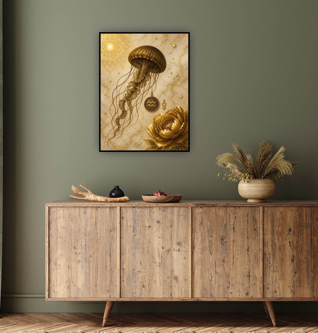 Aquarius Zodiac Jellyfish Poster, Gold Wall Art, Zodiac Gift for Her, Danish Art Studio