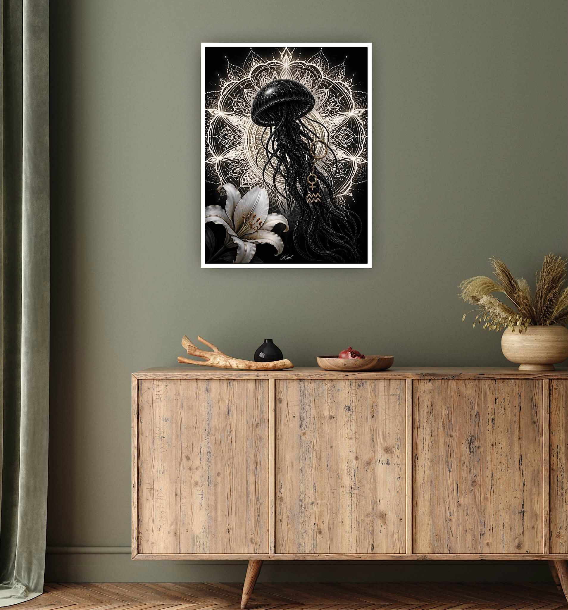Aquarius Zodiac Jellyfish Poster, Gold Wall Art, Zodiac Gift for Her, Danish Art Studio