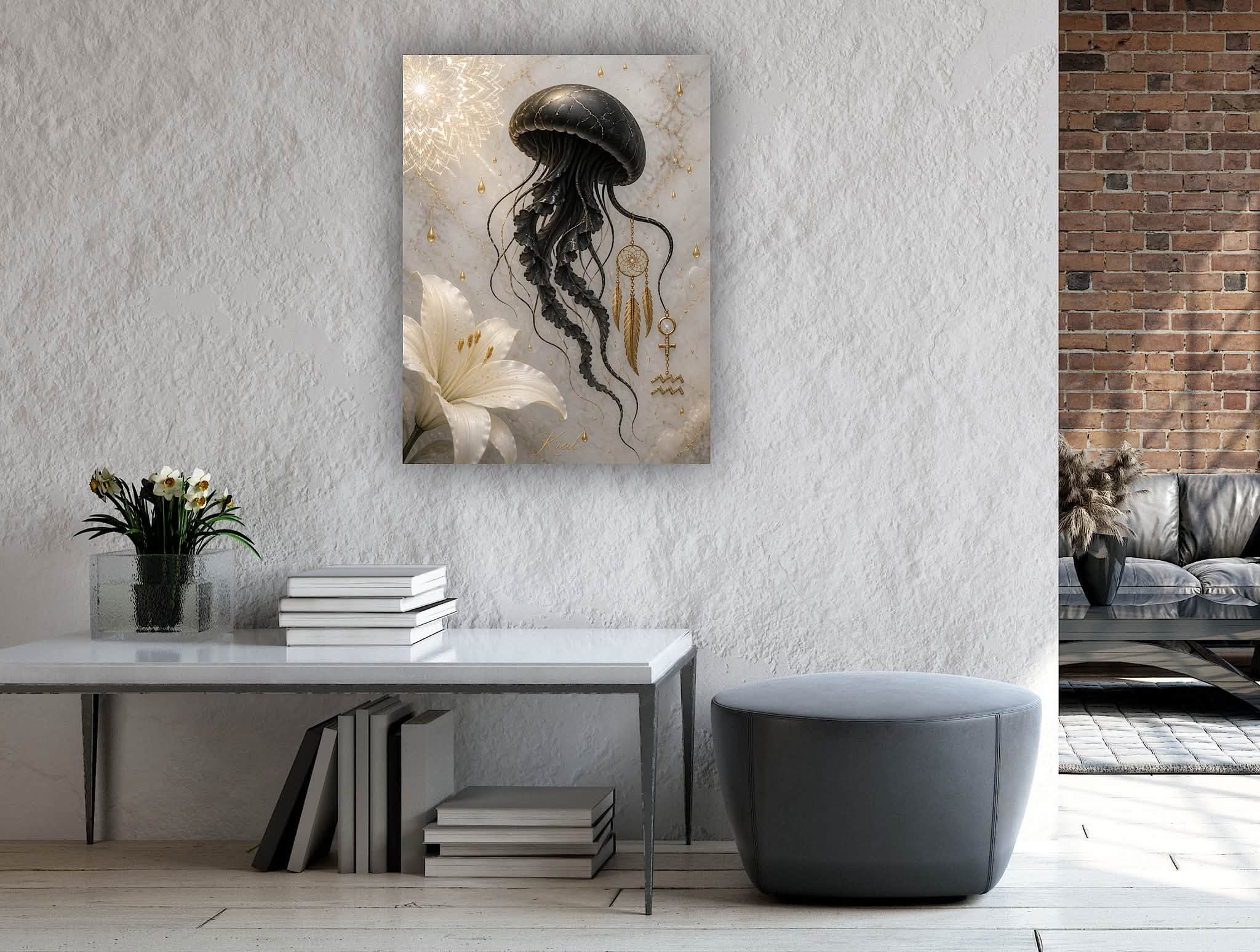 Aquarius Zodiac Jellyfish Poster, Gold Wall Art, Zodiac Gift for Her, Danish Art Studio