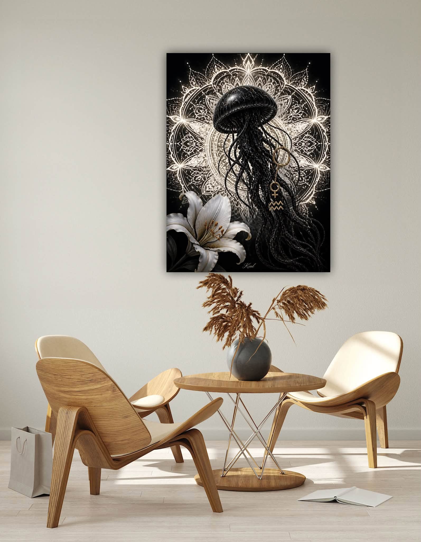 Aquarius Zodiac Jellyfish Poster, Gold Wall Art, Zodiac Gift for Her, Danish Art Studio