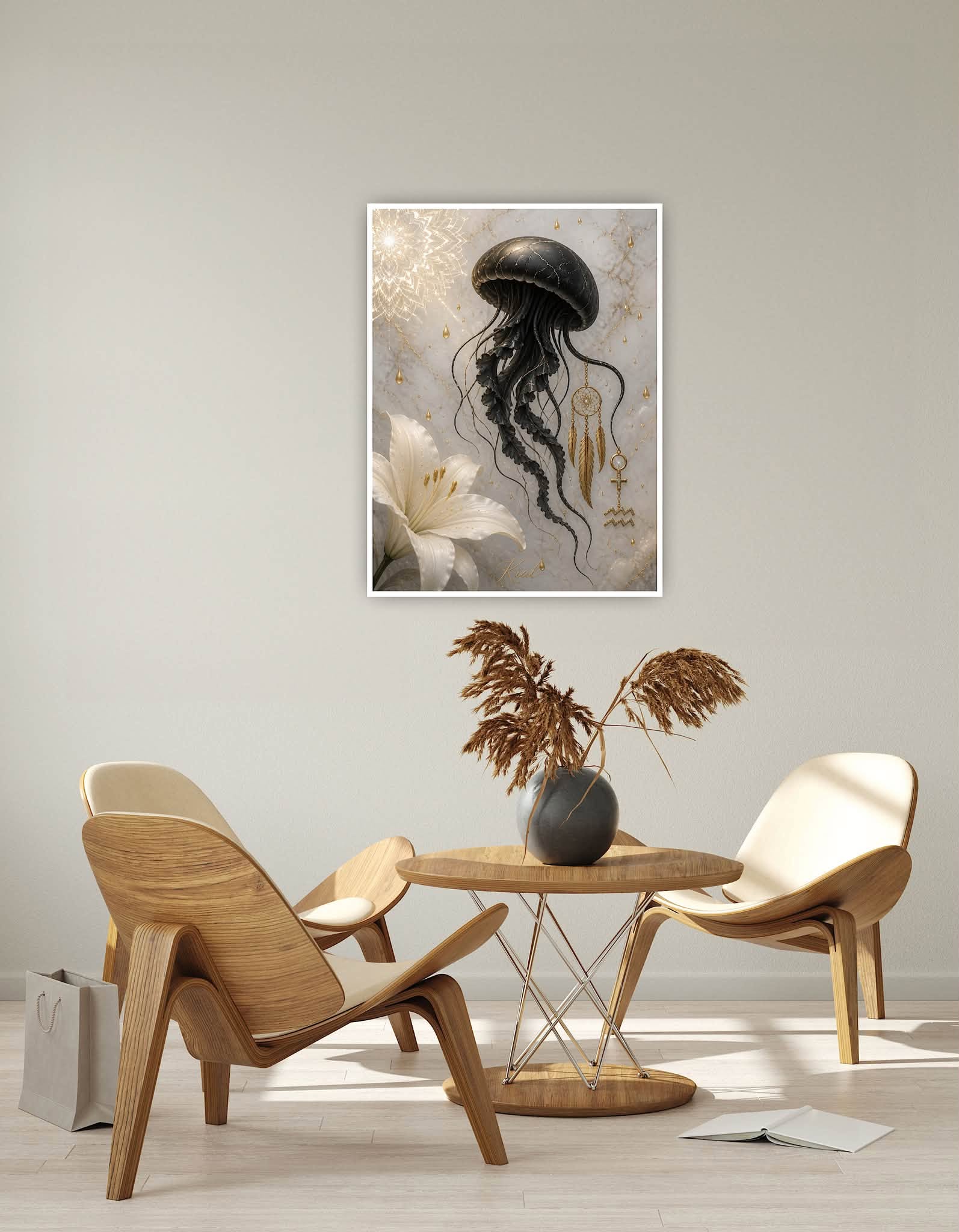 Aquarius Zodiac Jellyfish Poster, Gold Wall Art, Zodiac Gift for Her, Danish Art Studio