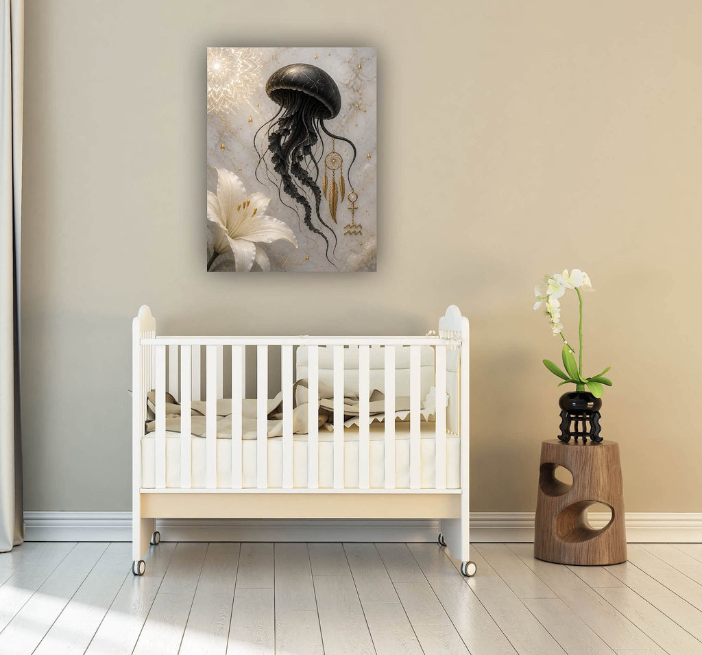 Aquarius Zodiac Jellyfish Poster, Gold Wall Art, Zodiac Gift for Her, Danish Art Studio