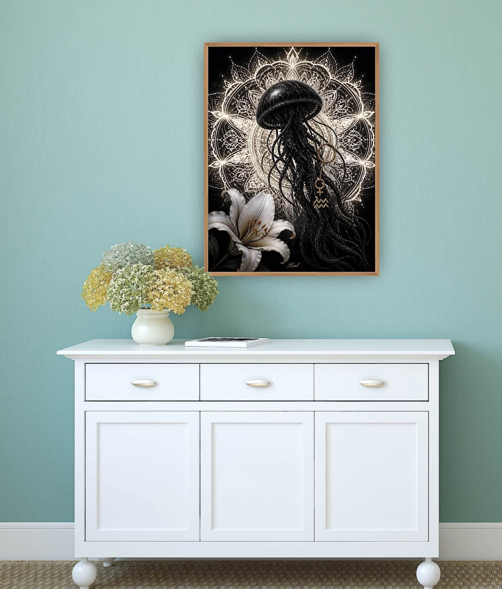 Aquarius Zodiac Jellyfish Poster, Gold Wall Art, Zodiac Gift for Her, Danish Art Studio