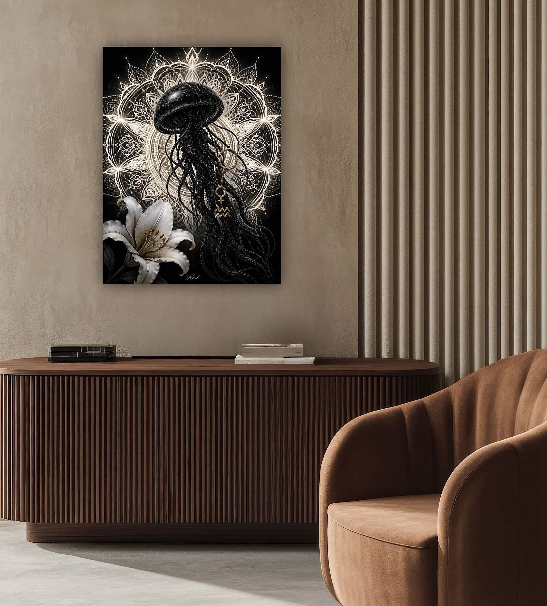 Aquarius Zodiac Jellyfish Poster, Gold Wall Art, Zodiac Gift for Her, Danish Art Studio