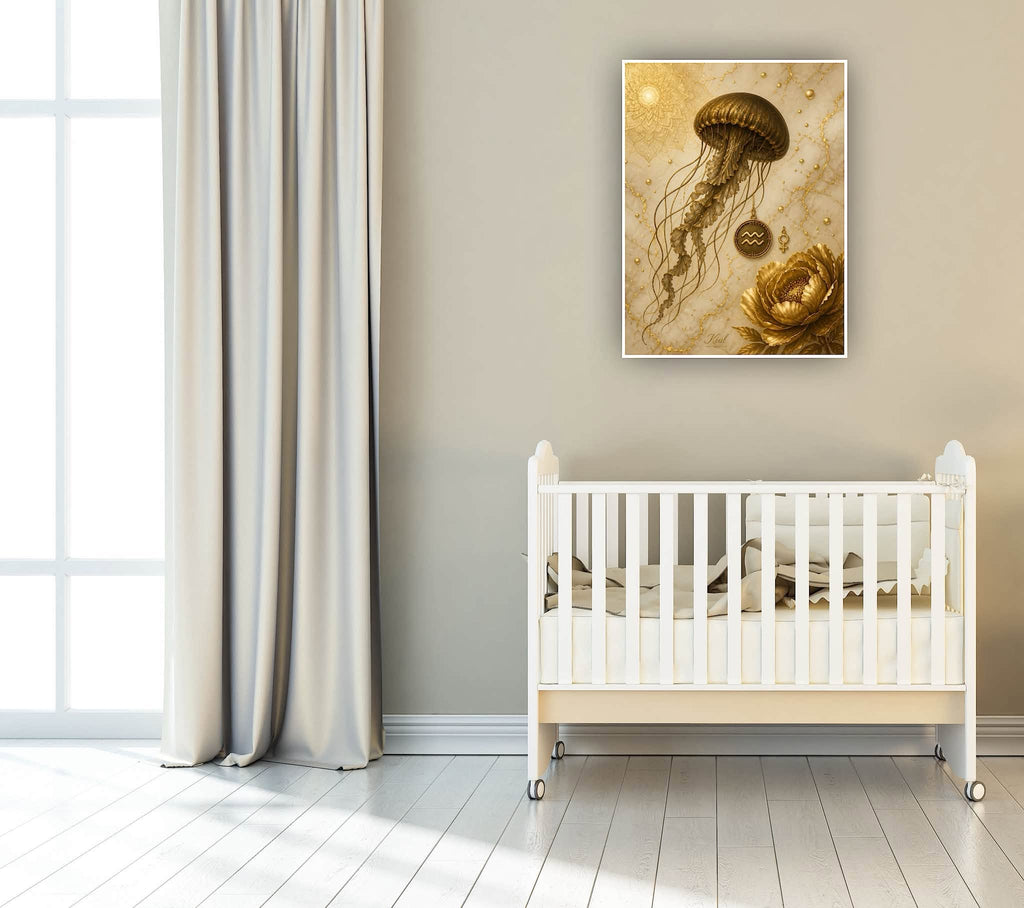Aquarius Zodiac Jellyfish Poster, Gold Wall Art, Zodiac Gift for Her, Danish Art Studio