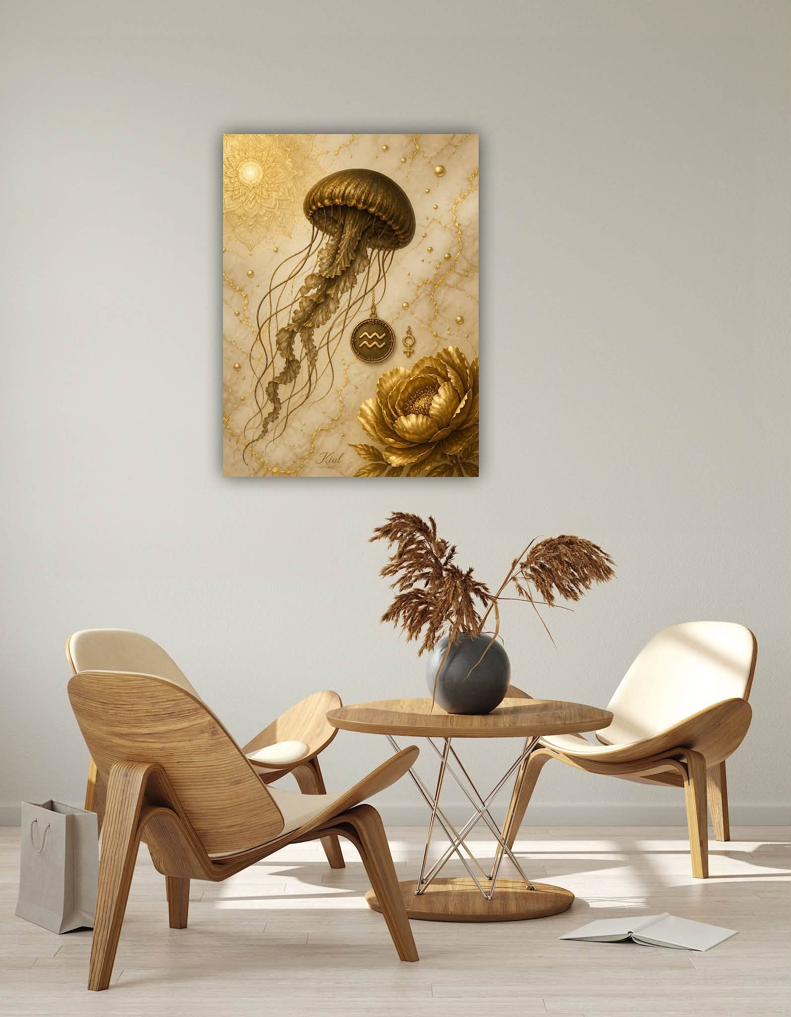 Aquarius Zodiac Jellyfish Poster, Gold Wall Art, Zodiac Gift for Her, Danish Art Studio
