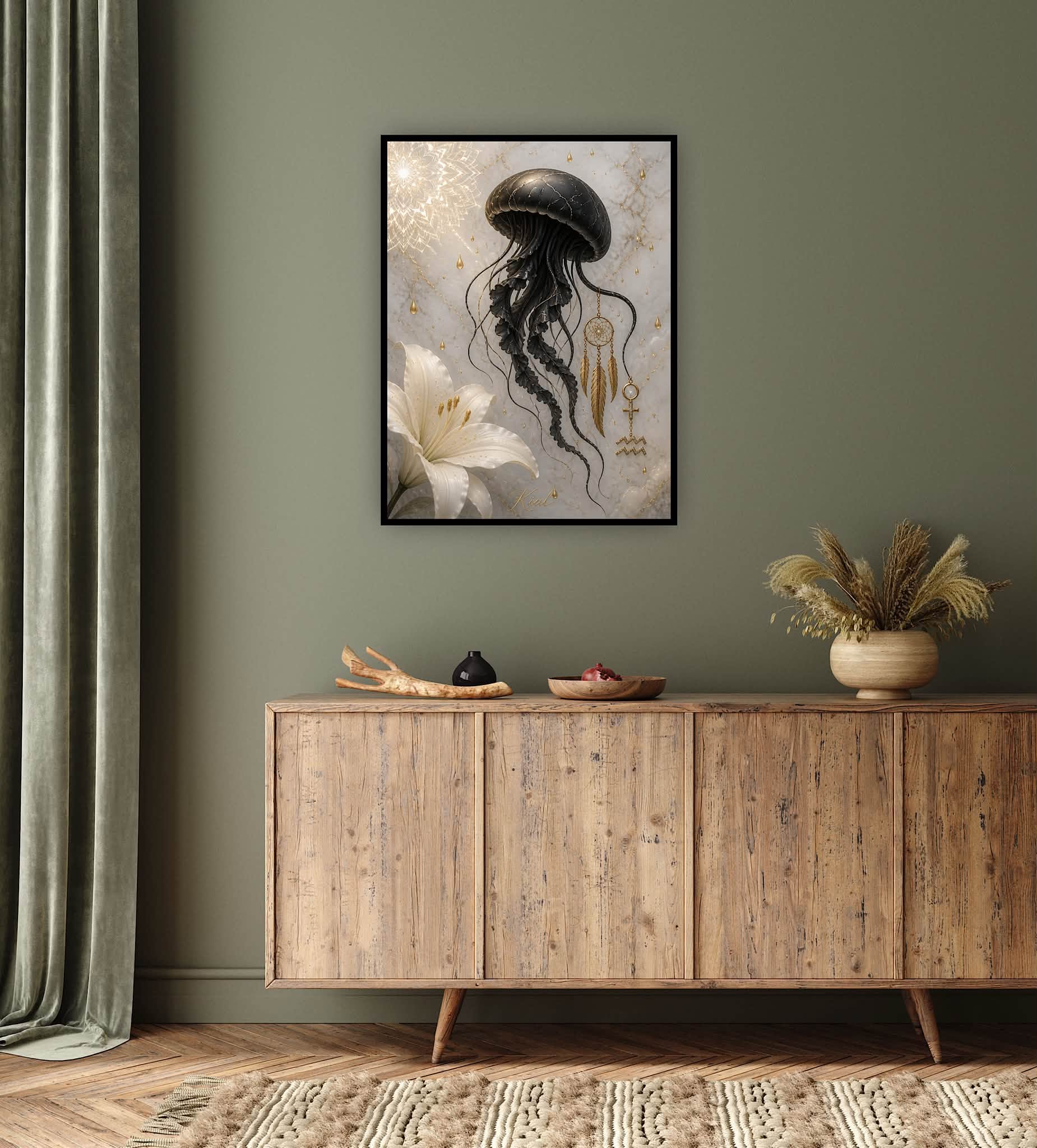 Aquarius Zodiac Jellyfish Poster, Gold Wall Art, Zodiac Gift for Her, Danish Art Studio