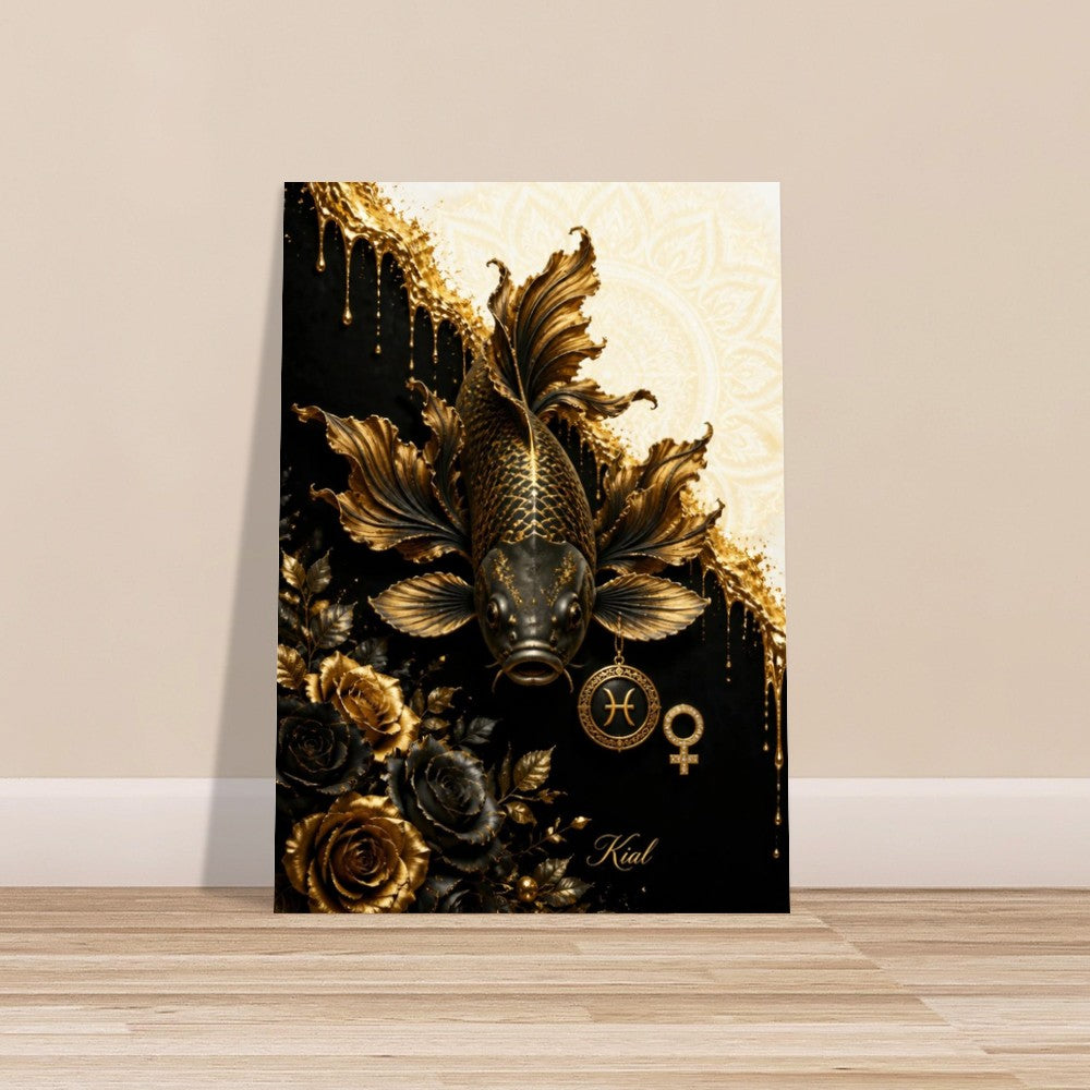 Pisces Zodiac Koi Poster, Gold Wall Art, Astrology Canvas, Koi Portrait, Zodiac Gift for Her, Danish Art Studio