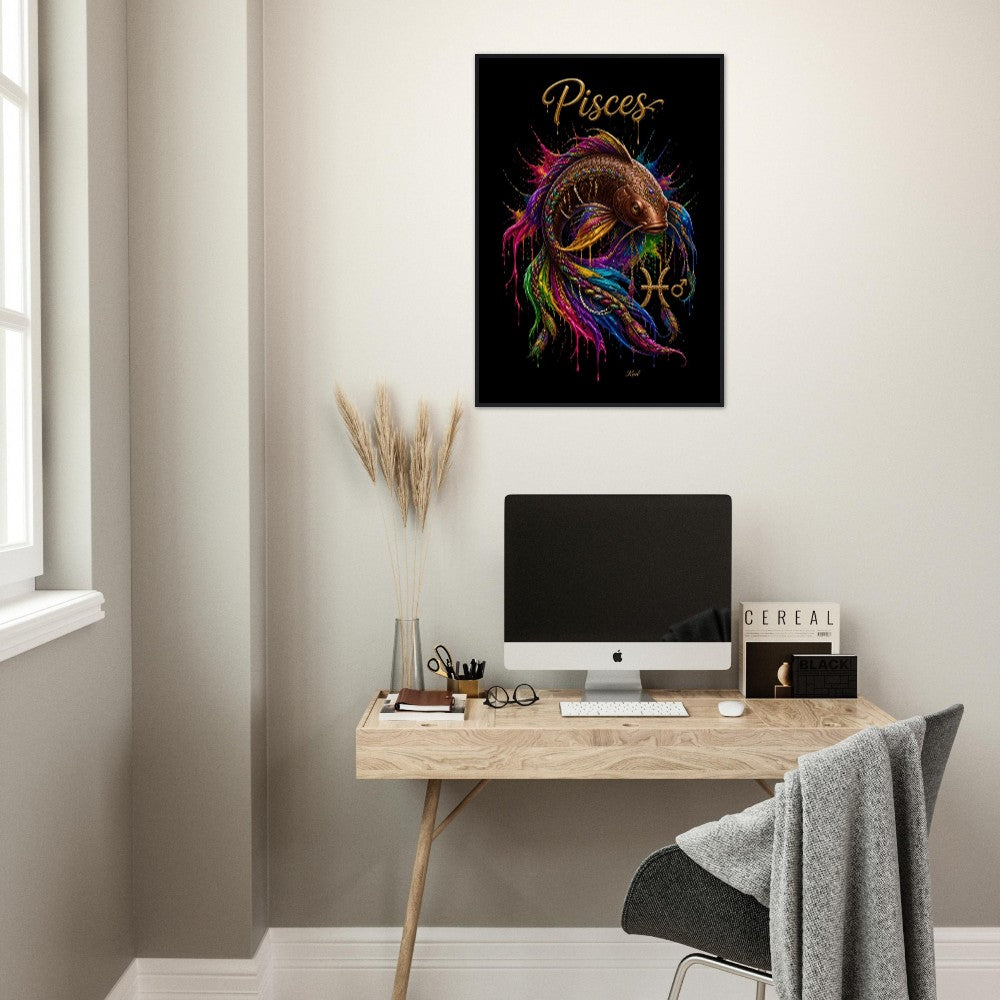 Pisces Neon Zodiac Koi Poster, Colorful Wall Art, Artistic Astrology Canvas, Zodiac Gift for Him, Danish Art Studio