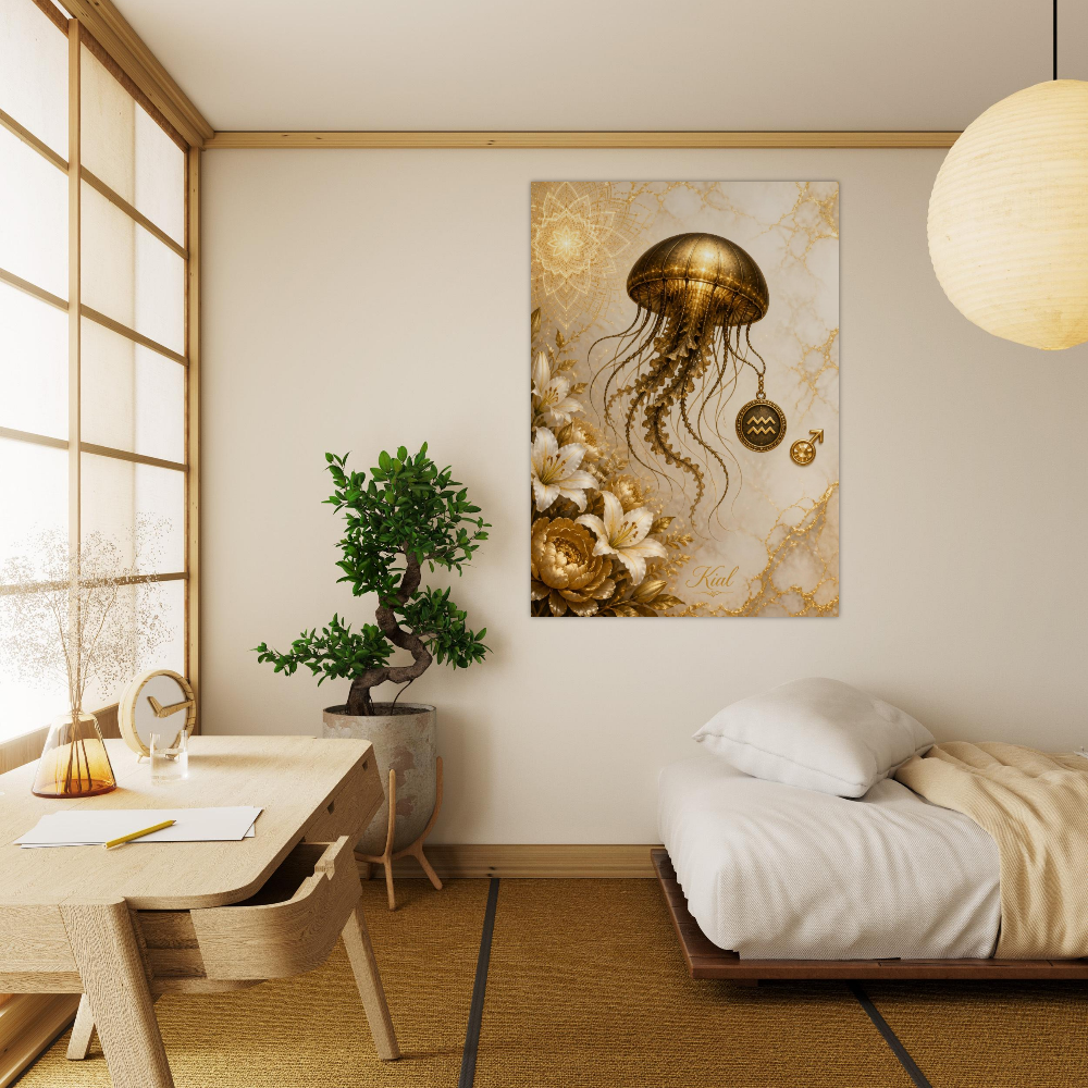 Aquarius Zodiac Jellyfish Poster, Gold Wall Art, Zodiac Gift for Him, Danish Art Studio