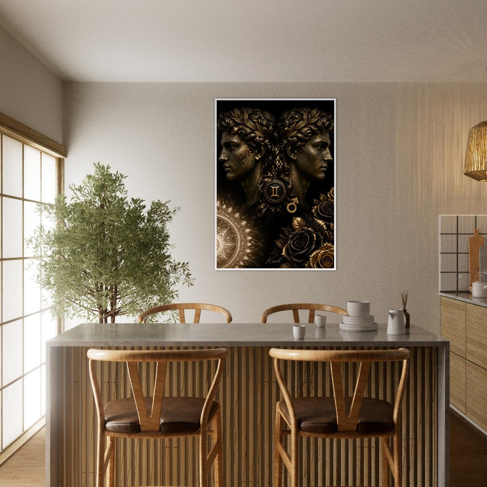Gemini Zodiac Twins Poster, Gold Wall Art, Astrology Canvas, Twins Portrait, Zodiac Gift for Him, Danish Art Studio