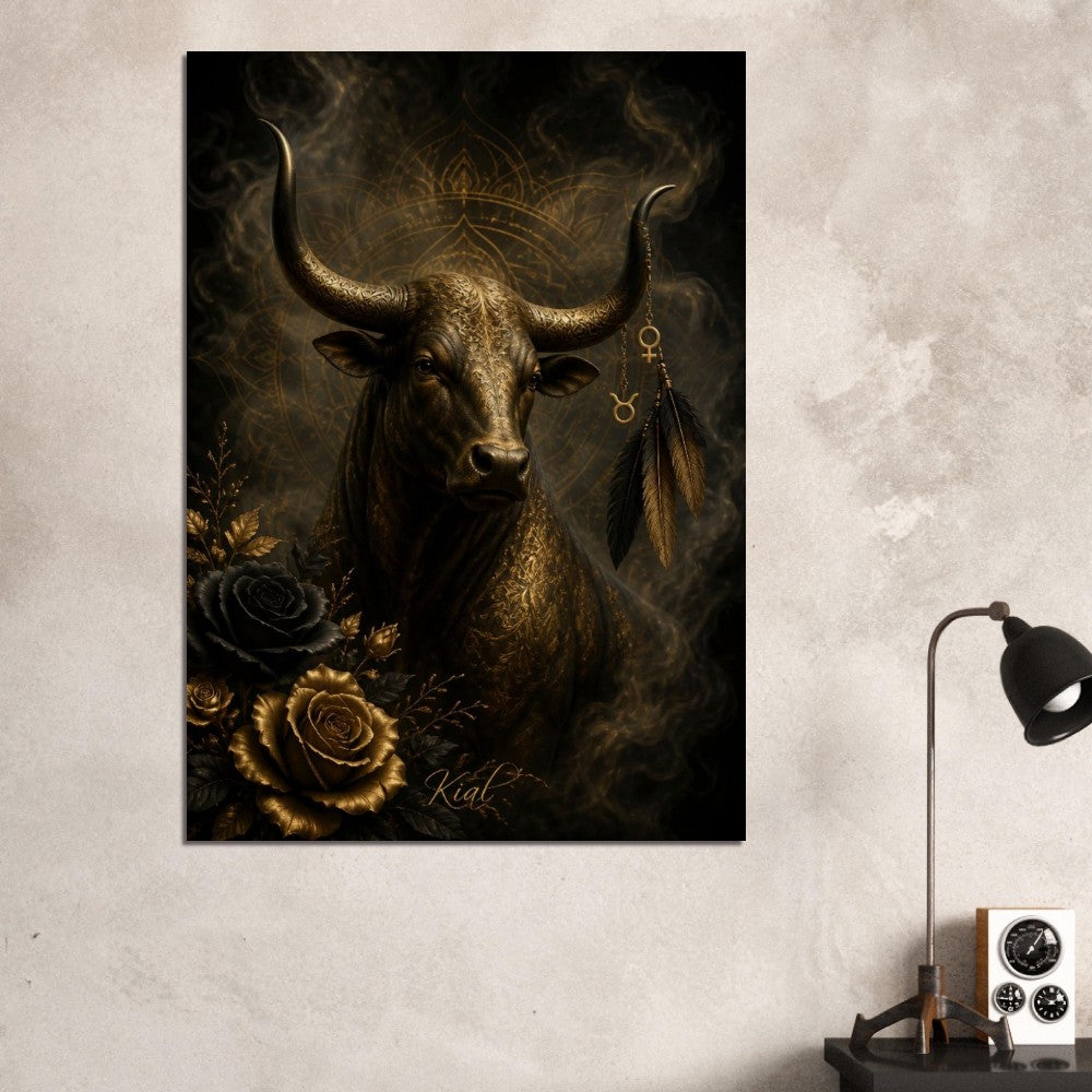 Taurus Zodiac Bull Poster, Gold Wall Art, Astrology Canvas, Bull Portrait, Zodiac Gift for Her, Danish Art Studio
