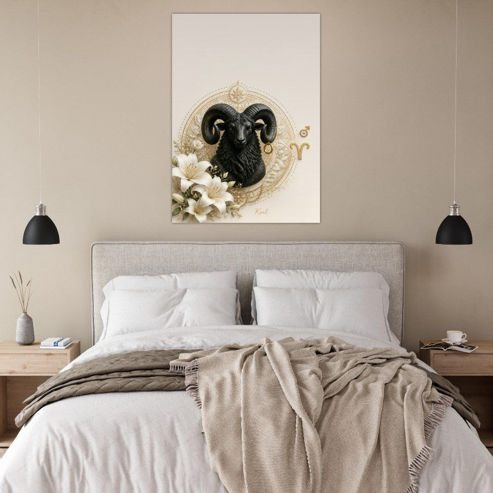 Aries Zodiac Ram Poster, Gold Wall Art, Astrology Canvas, Ram Portrait, Zodiac Gift for Him, Danish Art Studio