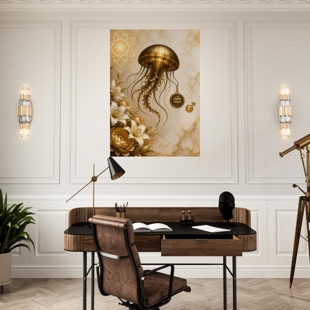 Aquarius Zodiac Jellyfish Poster, Gold Wall Art, Zodiac Gift for Him, Danish Art Studio