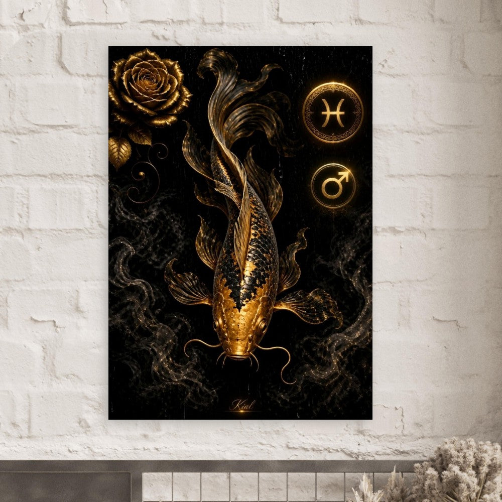 Pisces Zodiac Koi Poster, Gold Wall Art, Astrology Canvas, Koi Portrait, Zodiac Gift for Him, Danish Art Studio