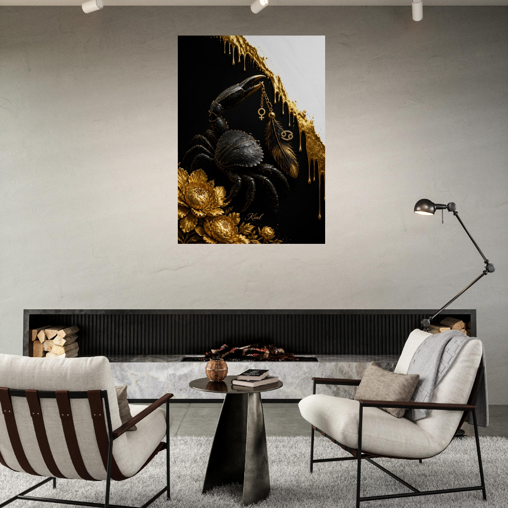Cancer Zodiac Crab Poster, Gold Wall Art, Astrology Canvas, Crab Portrait, Zodiac Gift for Her, Danish Art Studio