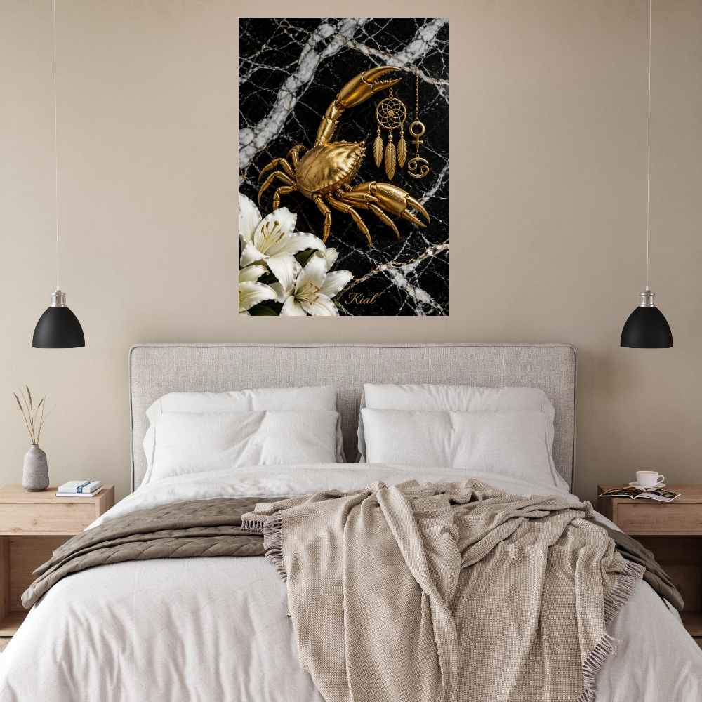 Cancer Zodiac Crab Poster, Gold Wall Art, Astrology Canvas, Crab Portrait, Zodiac Gift for Her, Danish Art Studio