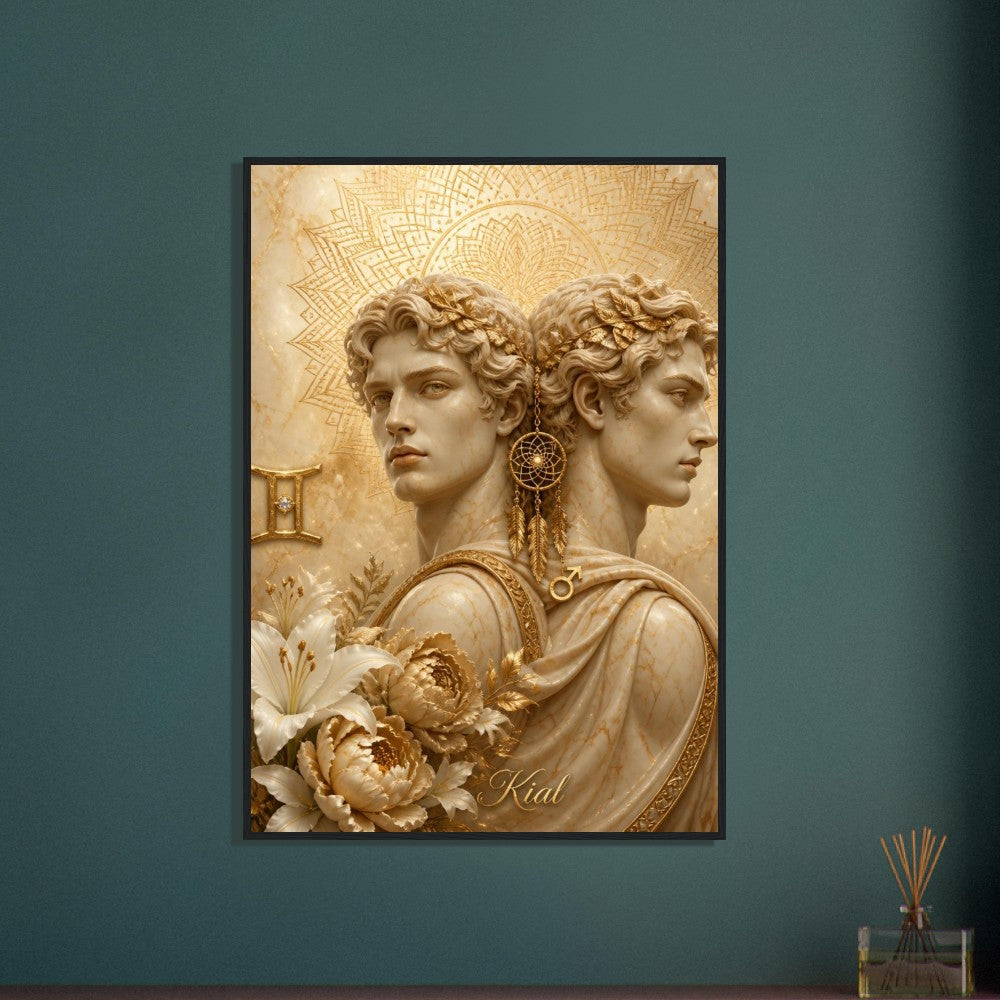 Gemini Zodiac Twins Poster, Gold Wall Art, Astrology Canvas, Twins Portrait, Zodiac Gift for Him, Danish Art Studio