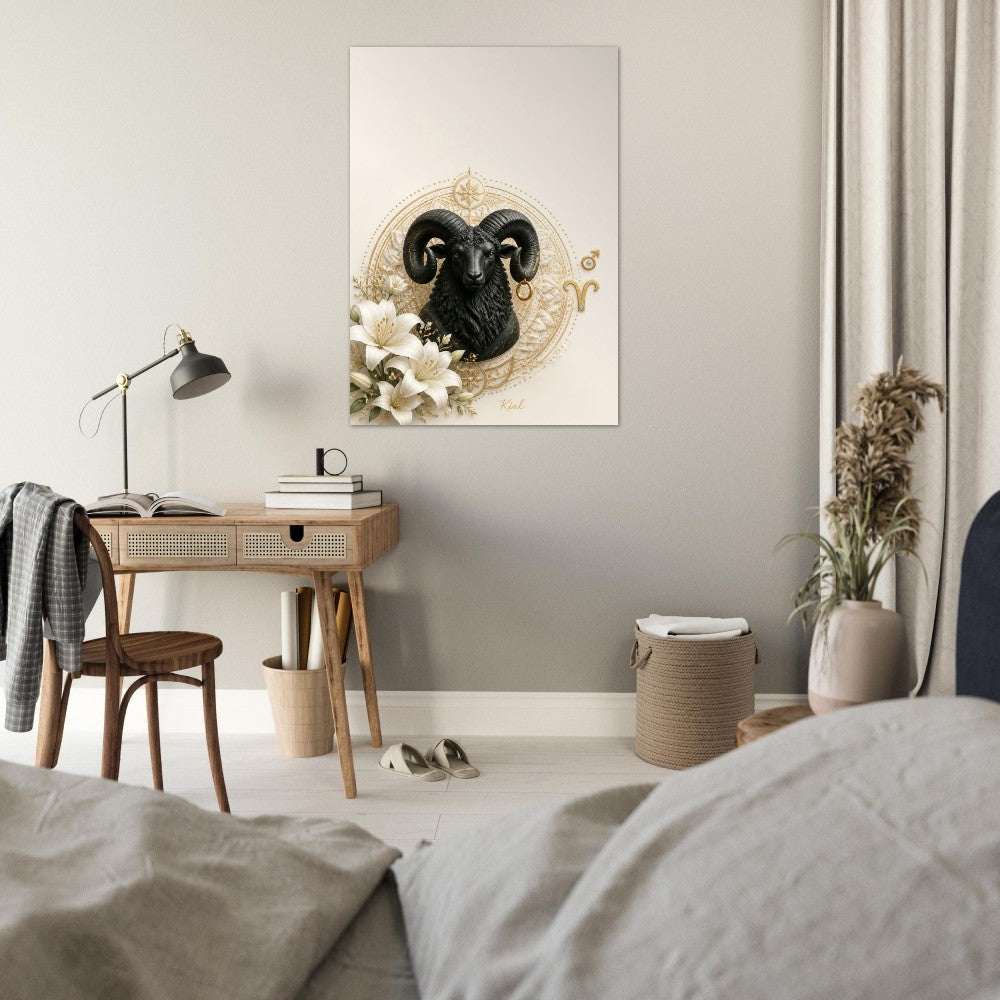 Aries Zodiac Ram Poster, Gold Wall Art, Astrology Canvas, Ram Portrait, Zodiac Gift for Him, Danish Art Studio