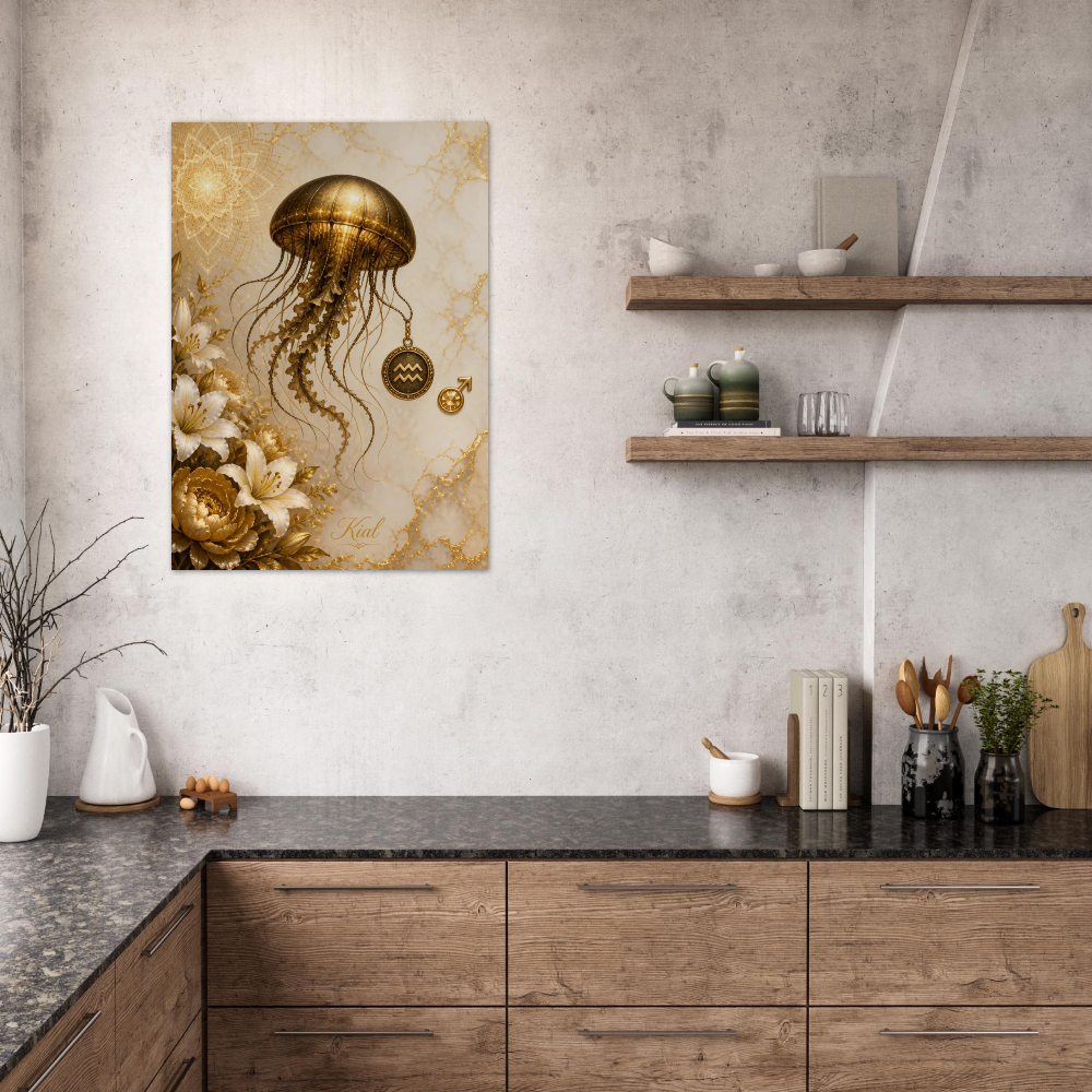 Aquarius Zodiac Jellyfish Poster, Gold Wall Art, Zodiac Gift for Him, Danish Art Studio