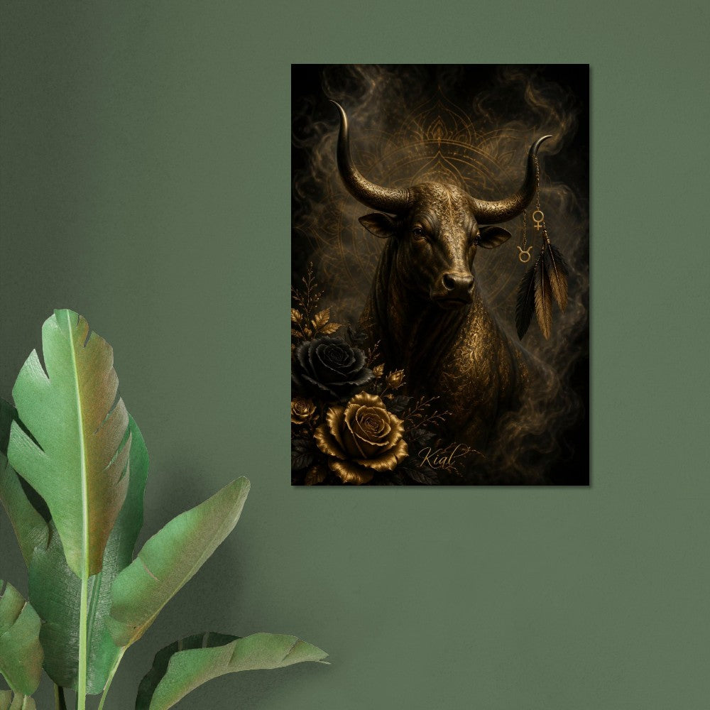Taurus Zodiac Bull Poster, Gold Wall Art, Astrology Canvas, Bull Portrait, Zodiac Gift for Her, Danish Art Studio